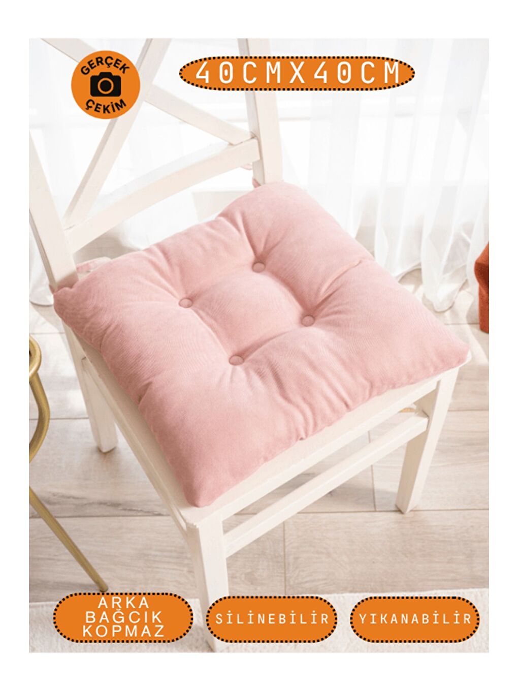 Pembe Pastello Sandalye Minderi – Gül Kurusu – Kadife Dokulu, Bağcıklı, Yıkanabilir – 40x40-3