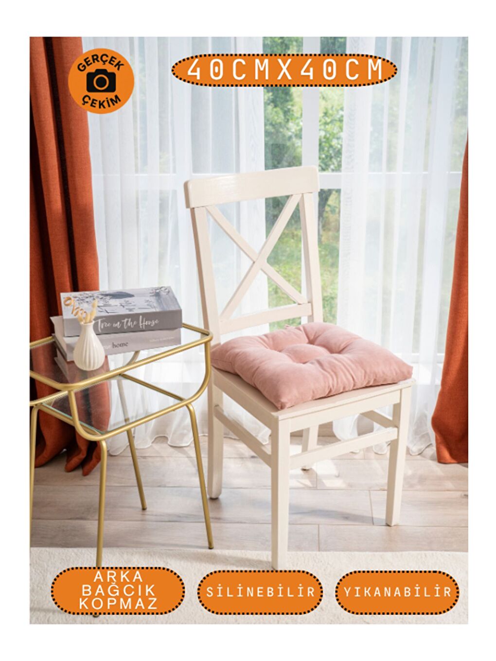 Pembe Pastello Sandalye Minderi – Gül Kurusu – Kadife Dokulu, Bağcıklı, Yıkanabilir – 40x40-4