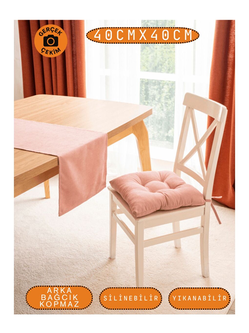 Pembe Pastello Sandalye Minderi – Gül Kurusu – Kadife Dokulu, Bağcıklı, Yıkanabilir – 40x40-5