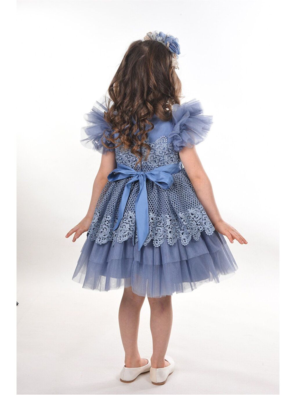 Mavi Dantel ve Tül Detaylı Prenses Kız Çocuk Elbisesi_M2402-4