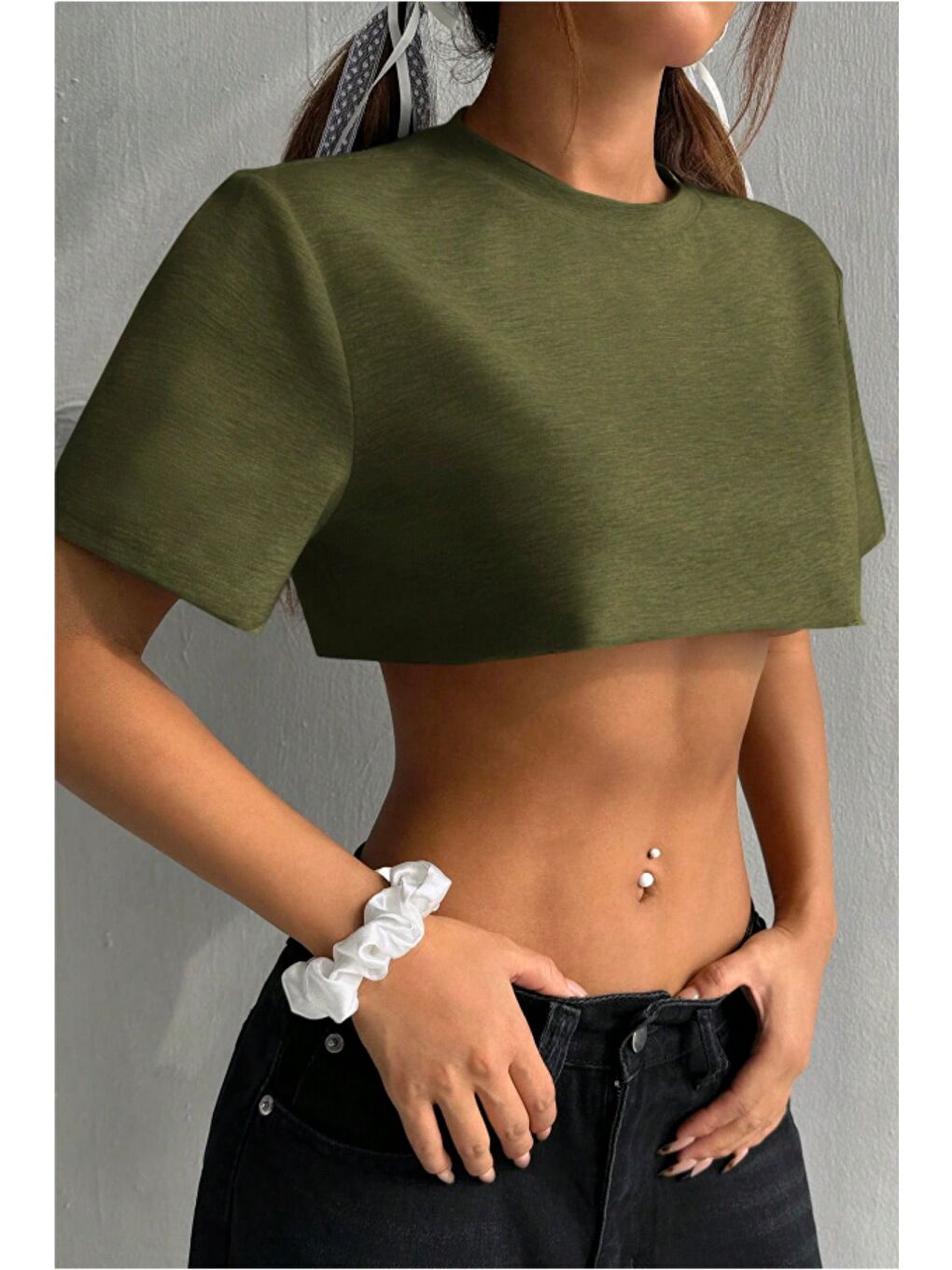 Kadın Haki Bisiklet Yaka Oversize Crop T-Shirt-3