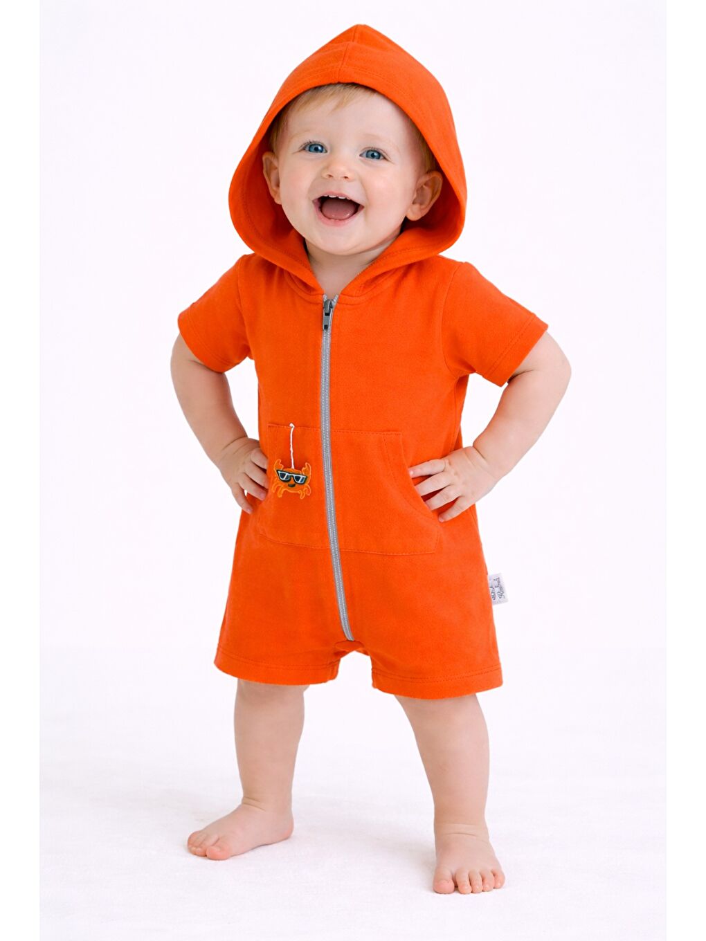 Turuncu Unisex Bebek Yazlık Kapüşonlu Tulum Pamuklu Fermuarlı Tulum-2