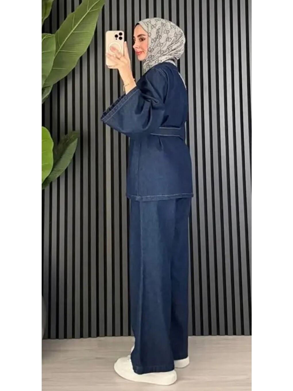 İndigo Kadın Koyu Mavi Denim Kimono Ceket Ve Bol Paça Pantolon Kemerli 2’li Takım-1