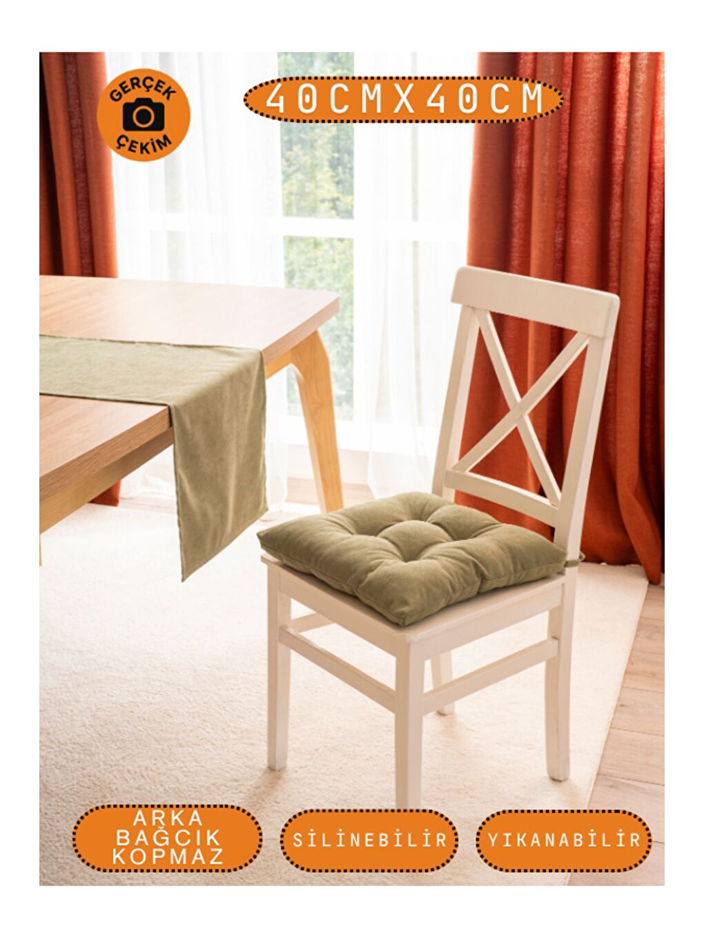 Pastello Sandalye Minderi –Haki Yeşili – Kadife Dokulu, Bağcıklı, Yıkanabilir – 40x40-5