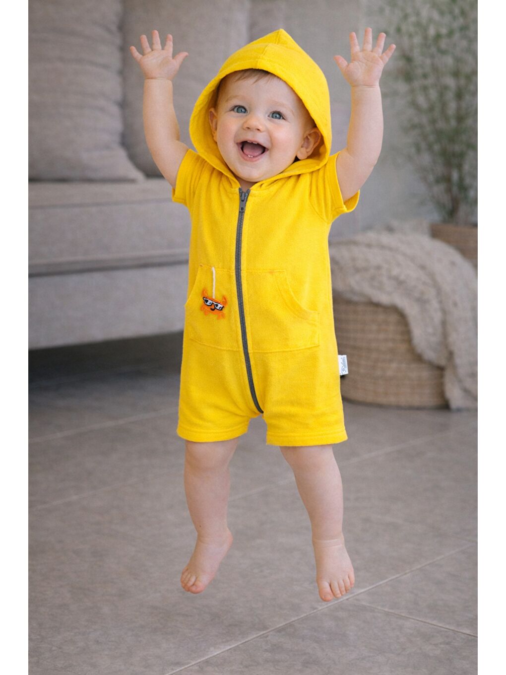 Sarı Unisex Bebek Yazlık Kapüşonlu Tulum Pamuklu Fermuarlı Tulum-5