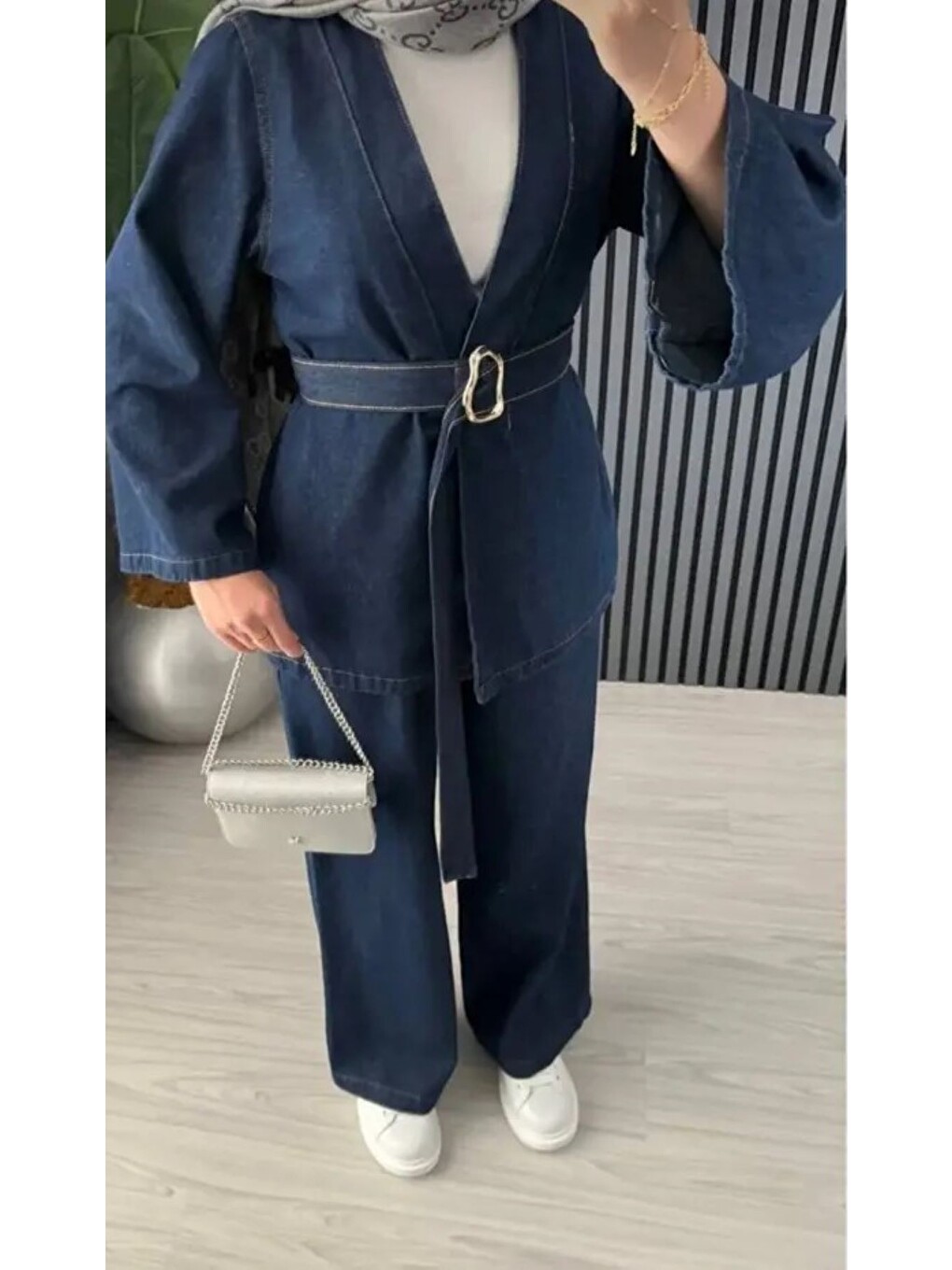 İndigo Kadın Koyu Mavi Denim Kimono Ceket Ve Bol Paça Pantolon Kemerli 2’li Takım-2