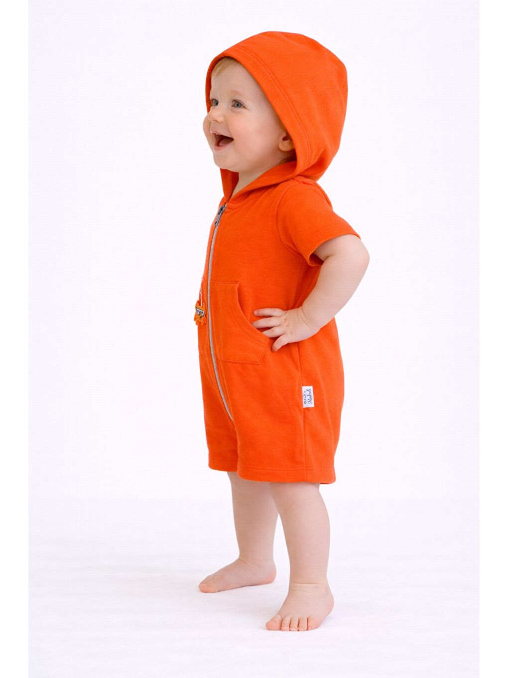 Turuncu Unisex Bebek Yazlık Kapüşonlu Tulum Pamuklu Fermuarlı Tulum-3