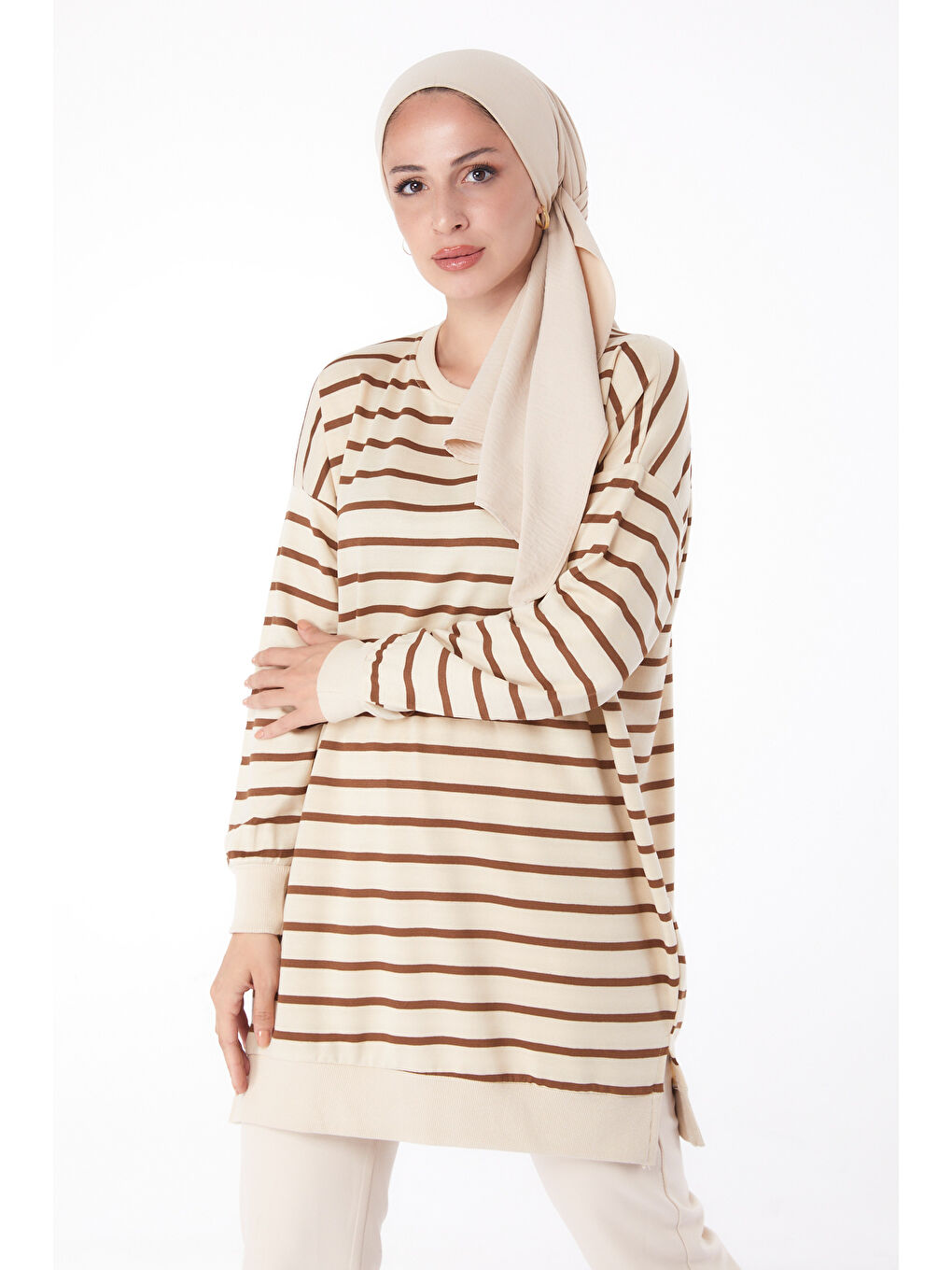 Kahverengi Çizgili Sweatshirt Kahve - 26137-1