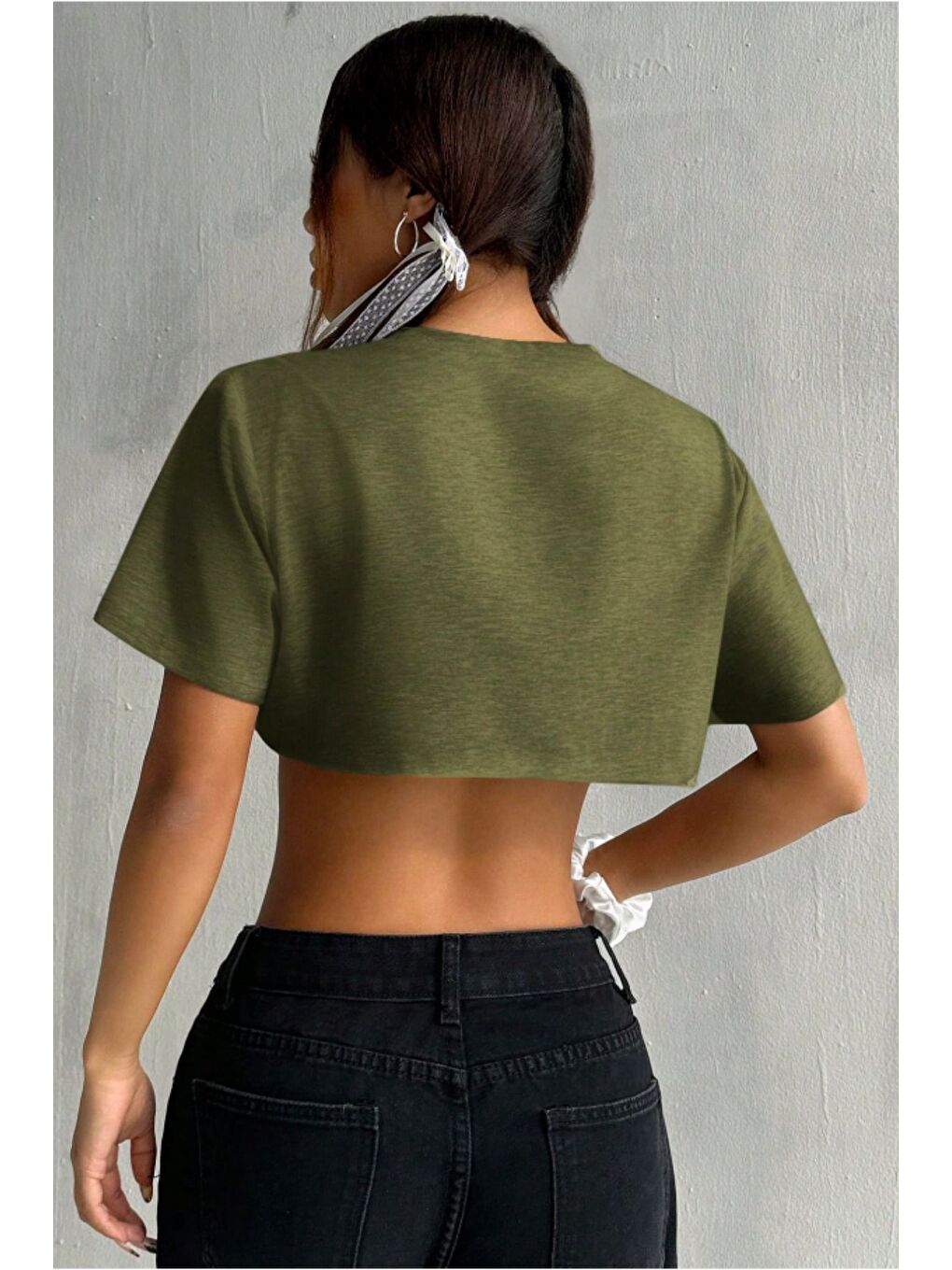 Kadın Haki Bisiklet Yaka Oversize Crop T-Shirt-5