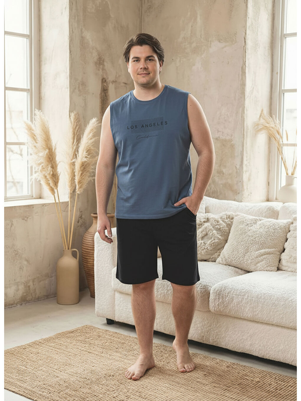 Gri %100 Pamuklu Kolsuz Cepli Büyük Beden Erkek Şortlu Pijama Takımı 2012