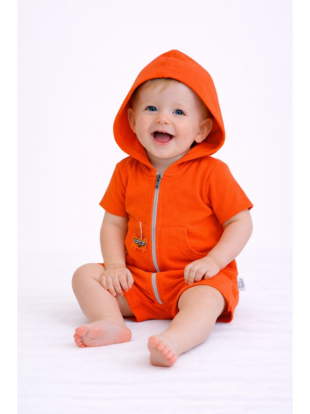 Turuncu Unisex Bebek Yazlık Kapüşonlu Tulum Pamuklu Fermuarlı Tulum-4