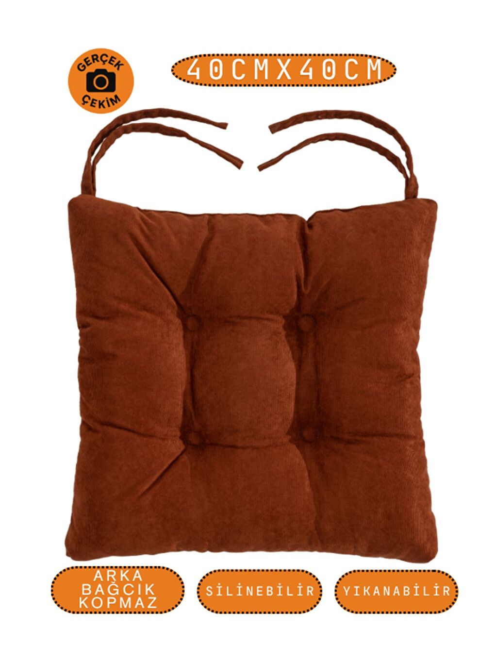 Kahverengi Pastello Sandalye Minderi –Kiremit – Kadife Dokulu, Bağcıklı, Yıkanabilir – 40x40