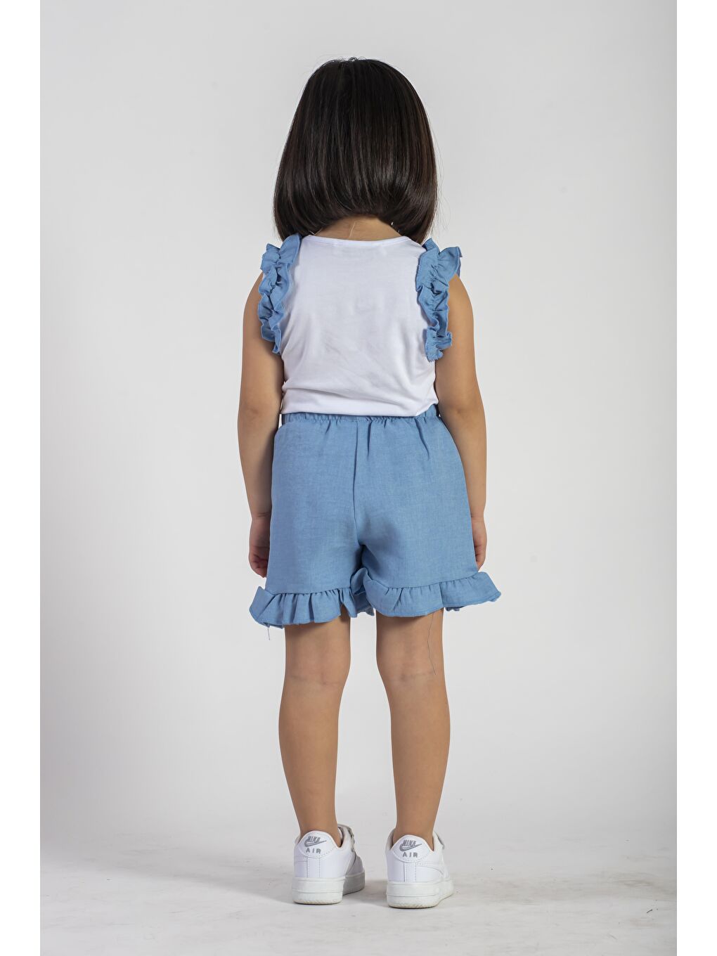 Bisiklet Yaka Sıfır Kol Fırfırlı Şortlu Beyaz Mavi Renk Kız Çocuk İkili Takım-4