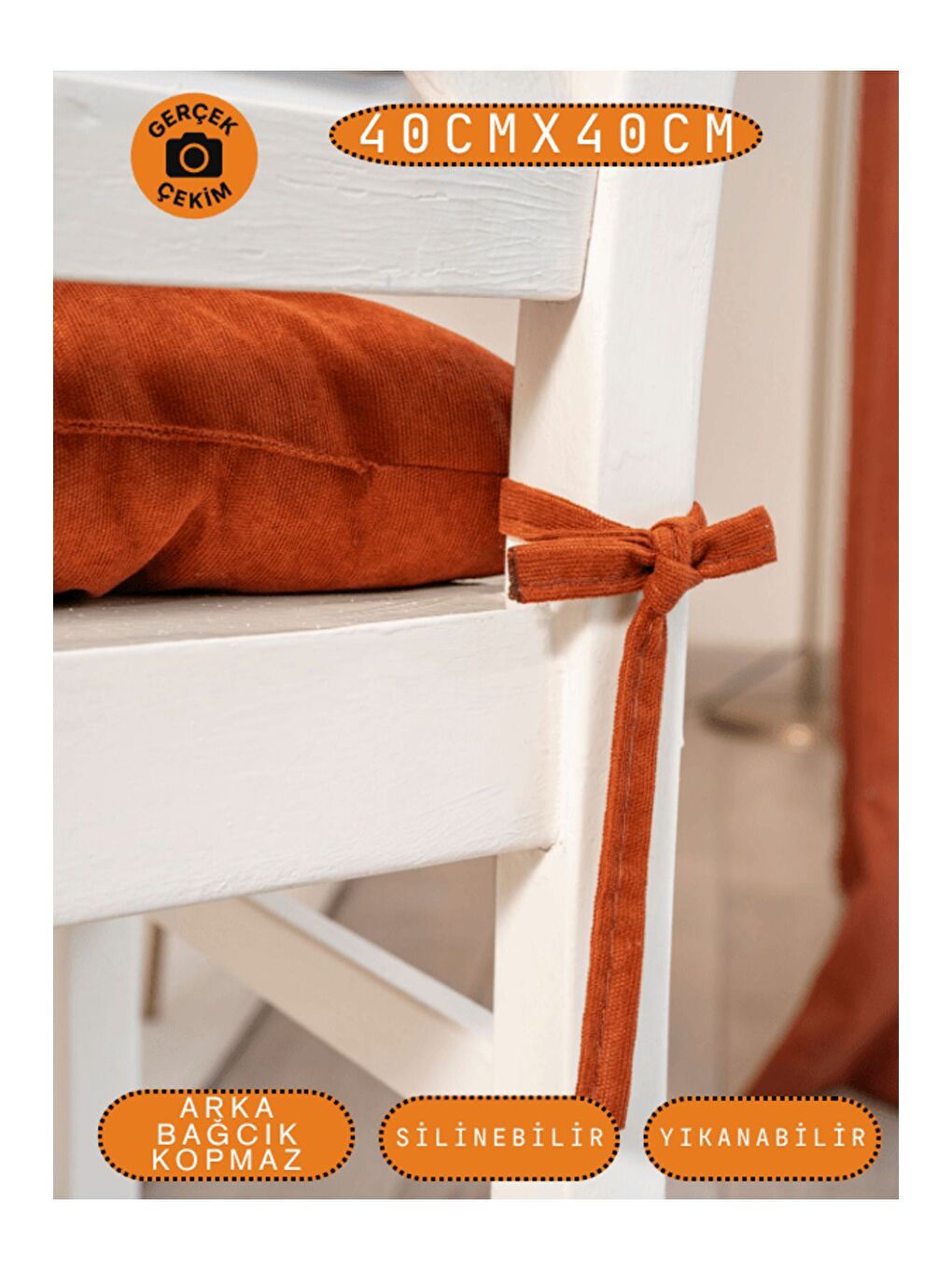 Kahverengi Pastello Sandalye Minderi –Kiremit – Kadife Dokulu, Bağcıklı, Yıkanabilir – 40x40-2