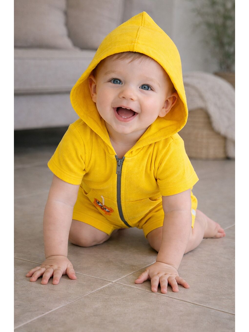 Sarı Unisex Bebek Yazlık Kapüşonlu Tulum Pamuklu Fermuarlı Tulum-6