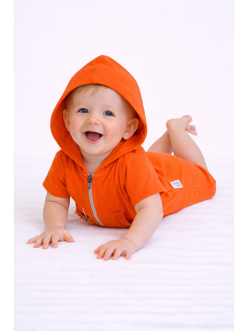 Turuncu Unisex Bebek Yazlık Kapüşonlu Tulum Pamuklu Fermuarlı Tulum-5