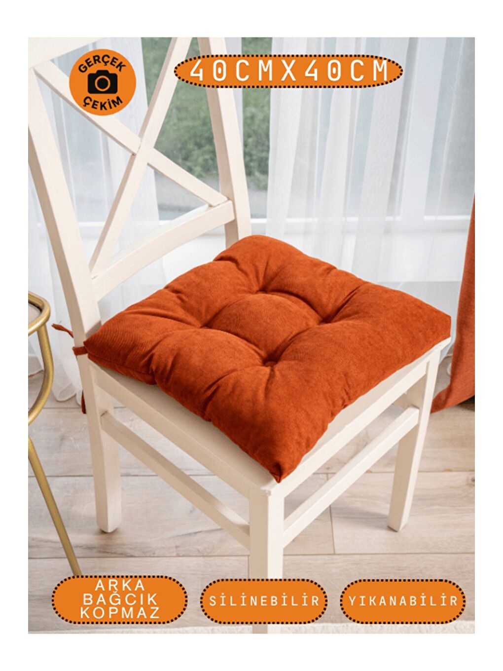 Kahverengi Pastello Sandalye Minderi –Kiremit – Kadife Dokulu, Bağcıklı, Yıkanabilir – 40x40-3