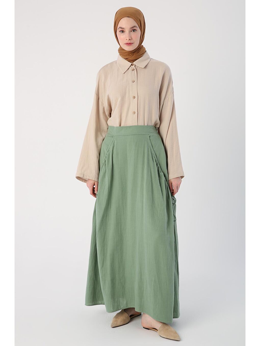 Yeşil %100 Pamuk Yanları Büzgü Detaylı Kloş Etek-1