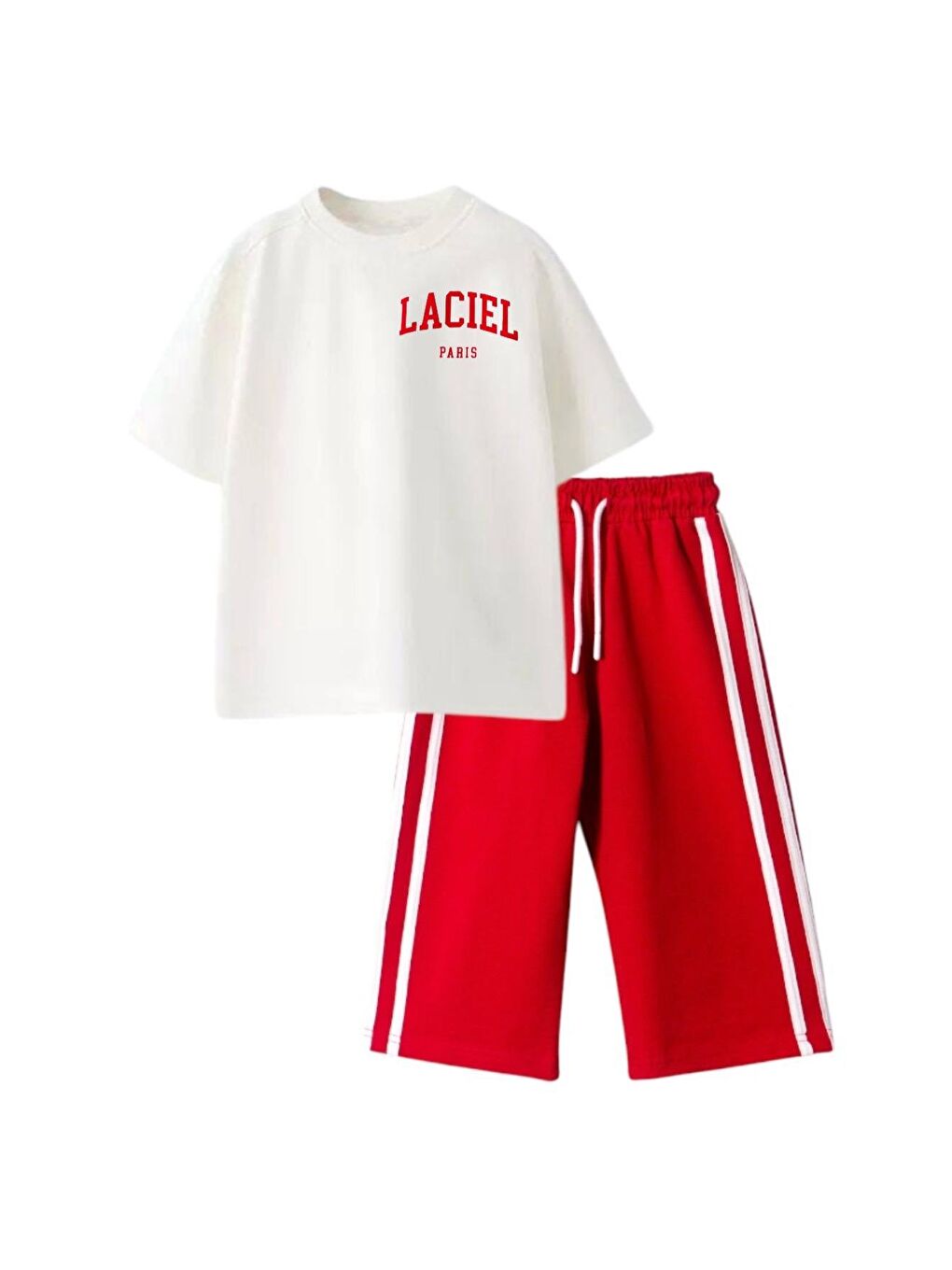 Kırmızı Kız Çocuk Oversize Tişört Ve Çizgili Eşofman Takımı – 2'Li Set, Rahat Ve Spor-1