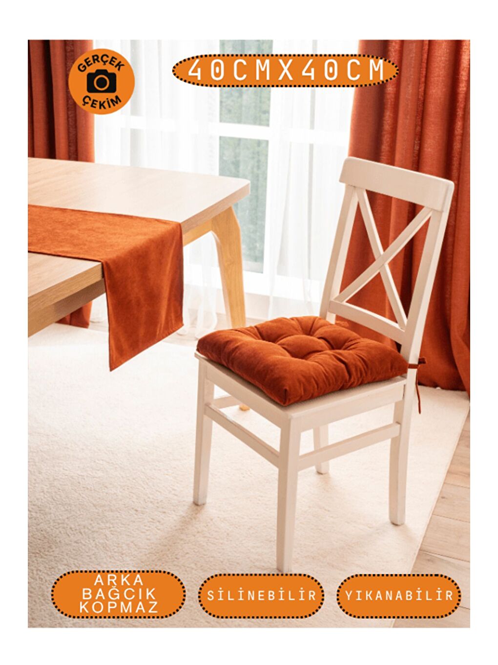 Kahverengi Pastello Sandalye Minderi –Kiremit – Kadife Dokulu, Bağcıklı, Yıkanabilir – 40x40-5