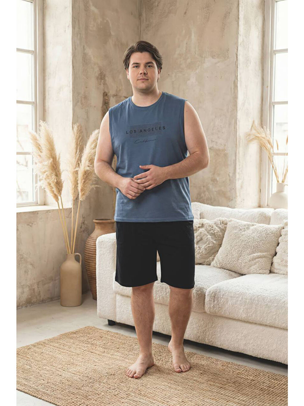 Gri %100 Pamuklu Kolsuz Cepli Büyük Beden Erkek Şortlu Pijama Takımı 2012-1