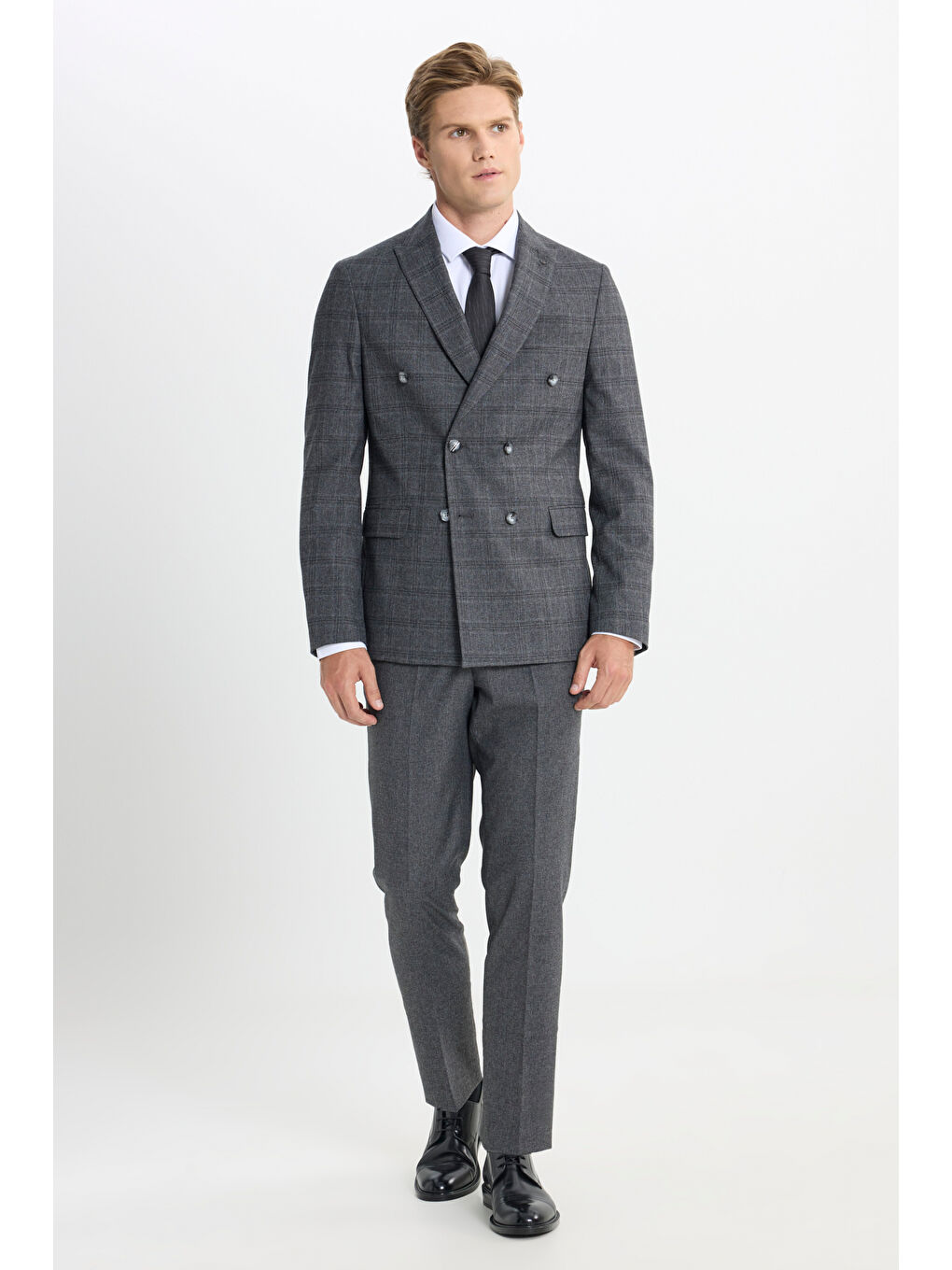 Erkek Antrasit Slim Fit Dar Kesim Kırlangıç Yaka Kareli Kapak Cepli Esnek Takım Elbise-8