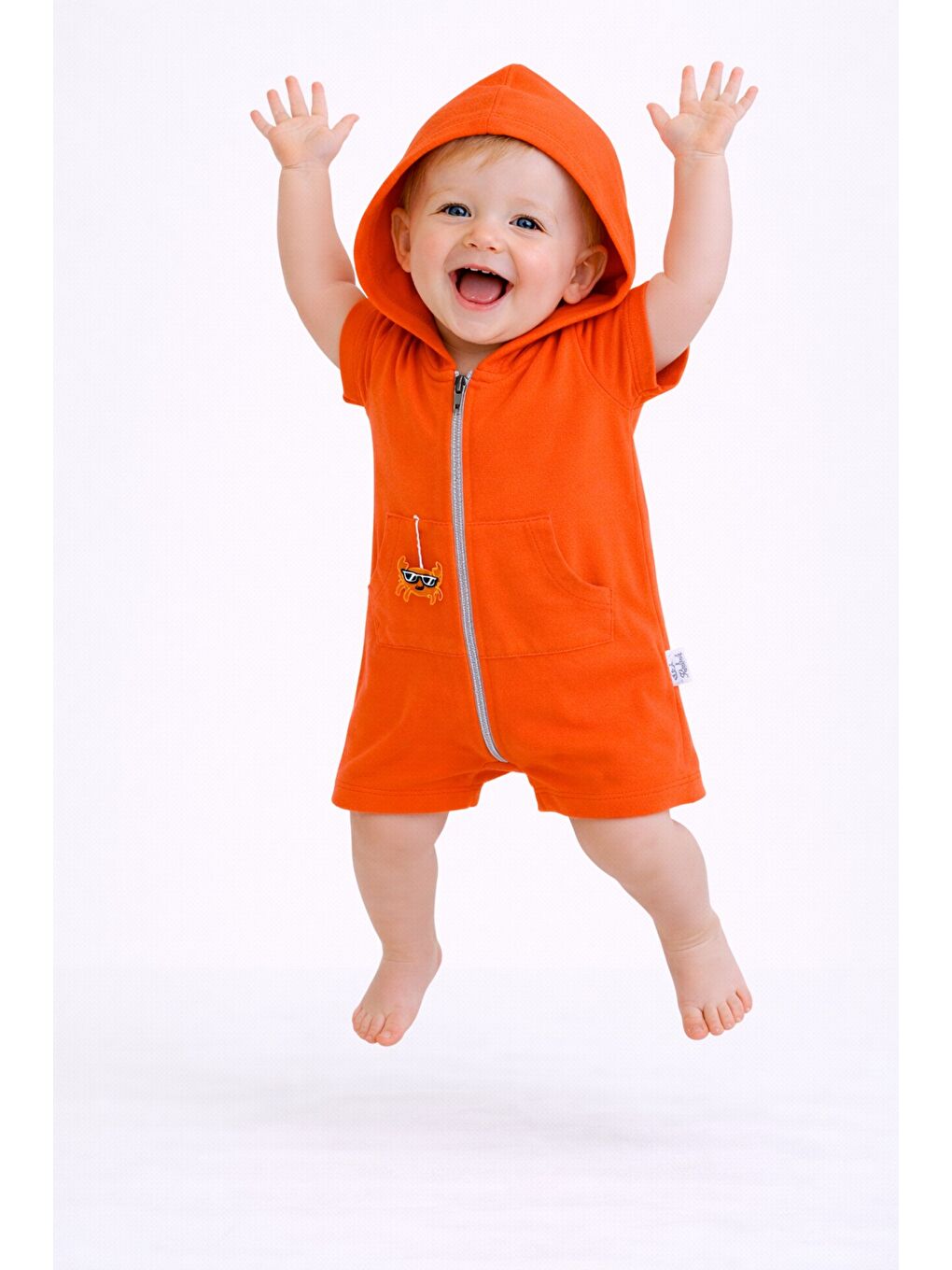 Turuncu Unisex Bebek Yazlık Kapüşonlu Tulum Pamuklu Fermuarlı Tulum-6