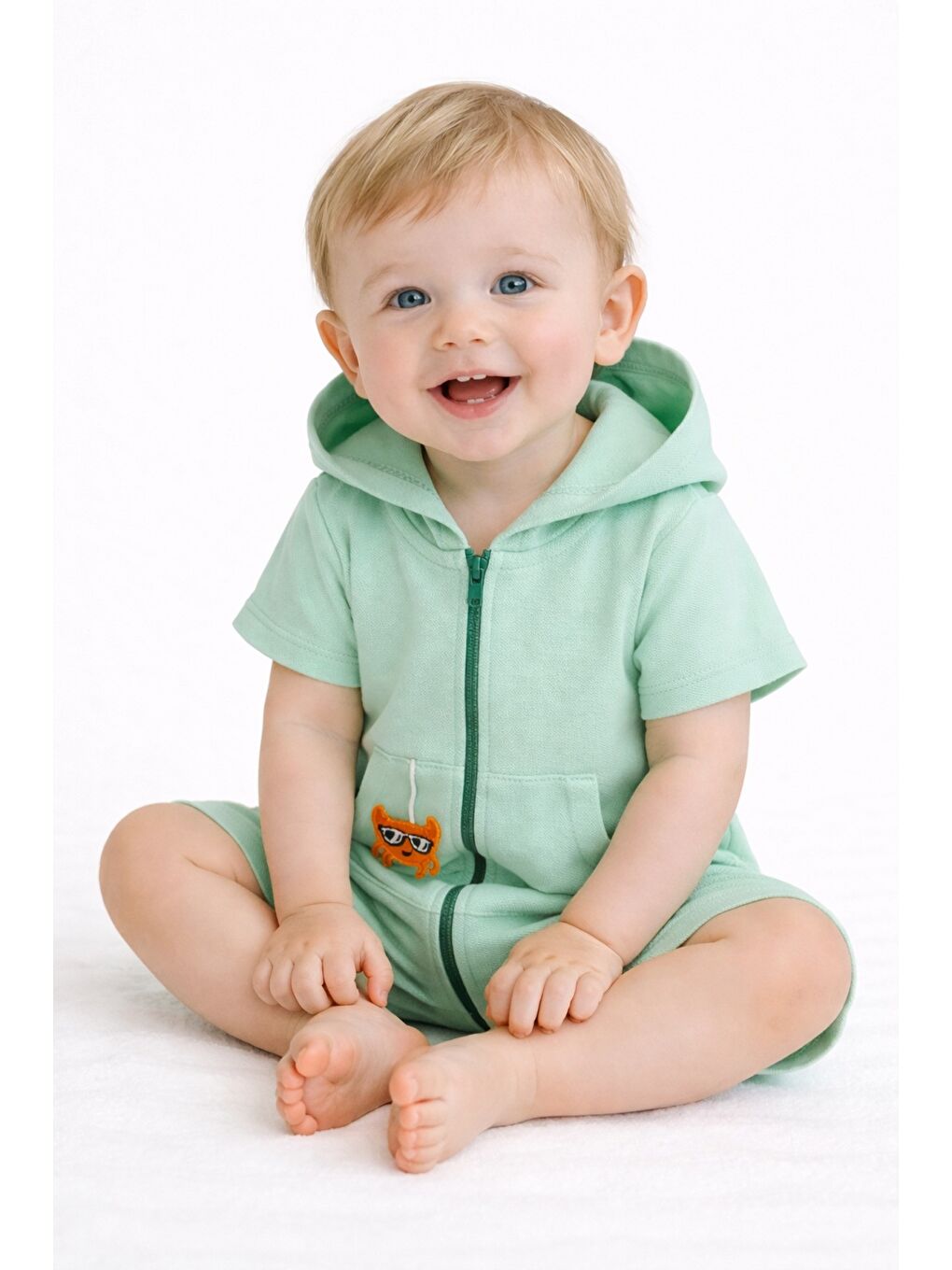 Turkuaz Unisex Bebek Yazlık Kapüşonlu Tulum Pamuklu Fermuarlı Tulum-1