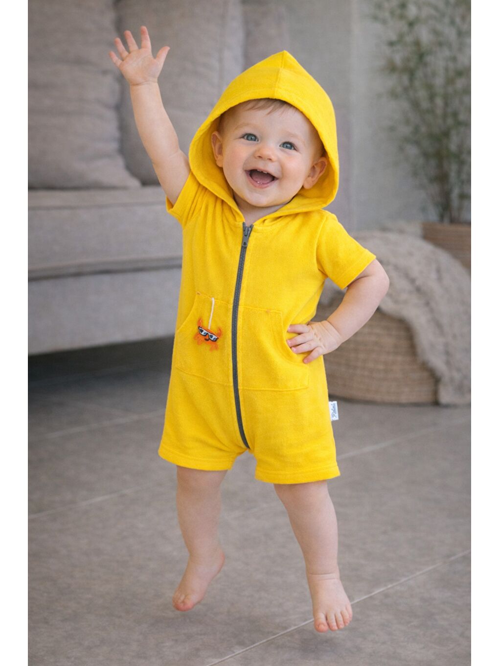 Sarı Unisex Bebek Yazlık Kapüşonlu Tulum Pamuklu Fermuarlı Tulum-7