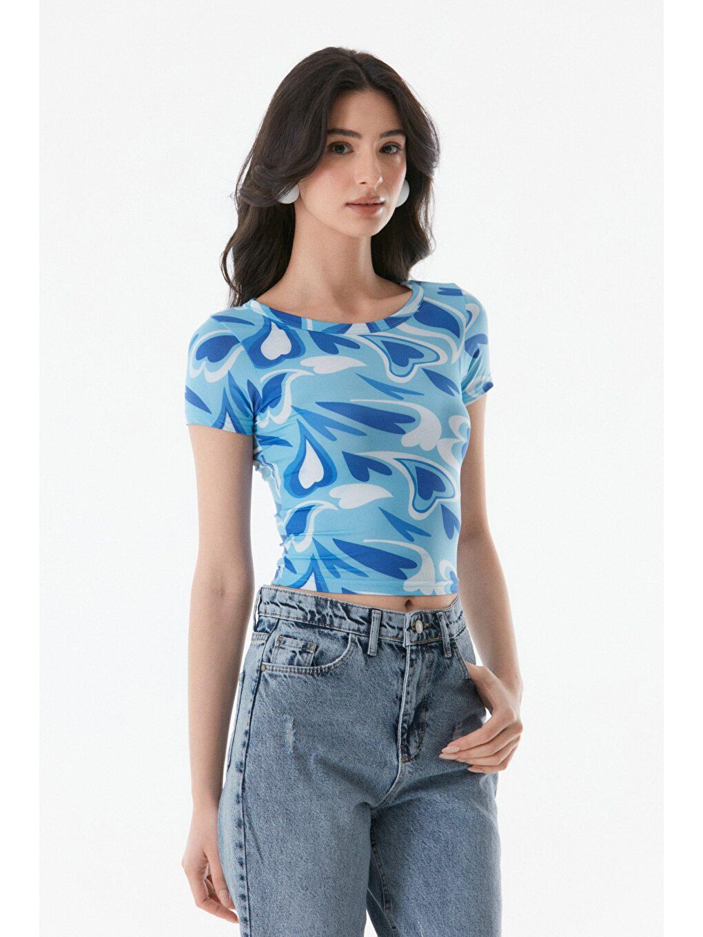 Mavi Kalp Desenli Bisiklet Yaka Bluz-1