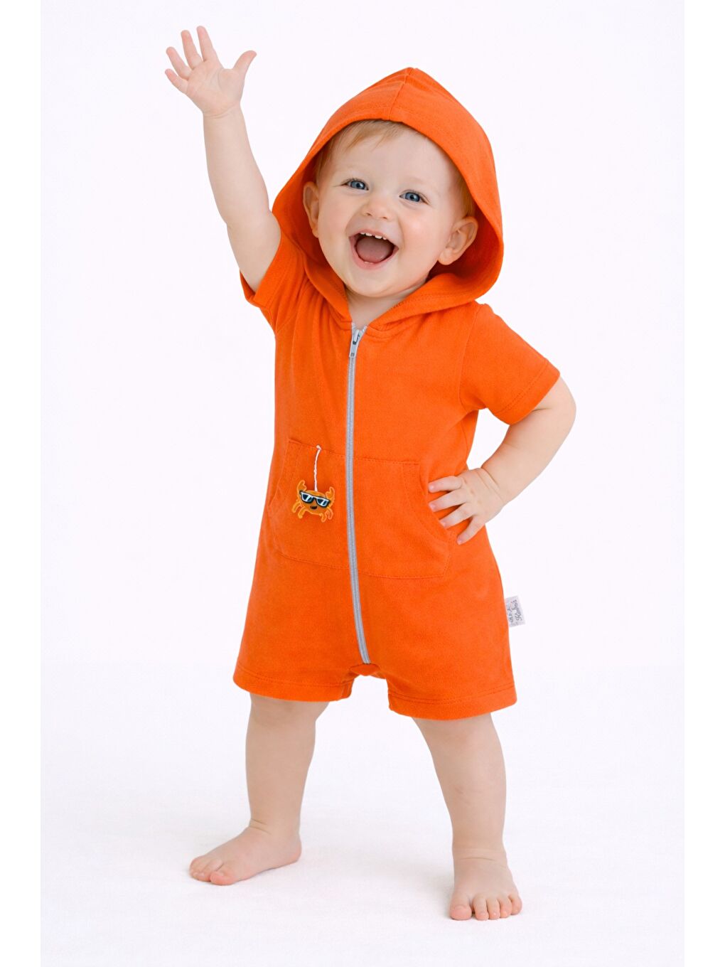 Turuncu Unisex Bebek Yazlık Kapüşonlu Tulum Pamuklu Fermuarlı Tulum-7