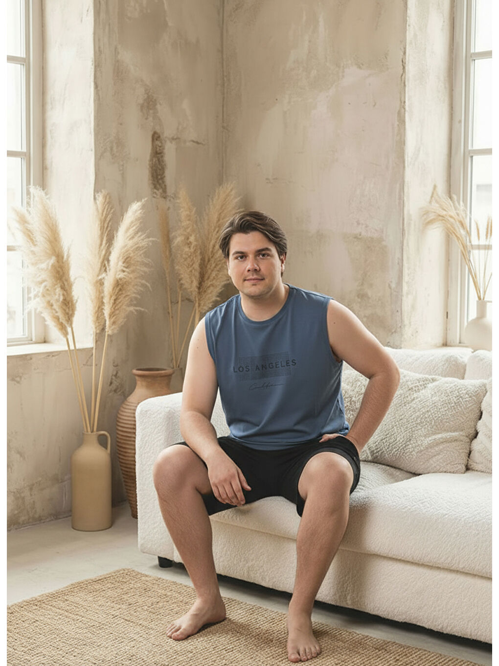 Gri %100 Pamuklu Kolsuz Cepli Büyük Beden Erkek Şortlu Pijama Takımı 2012-3