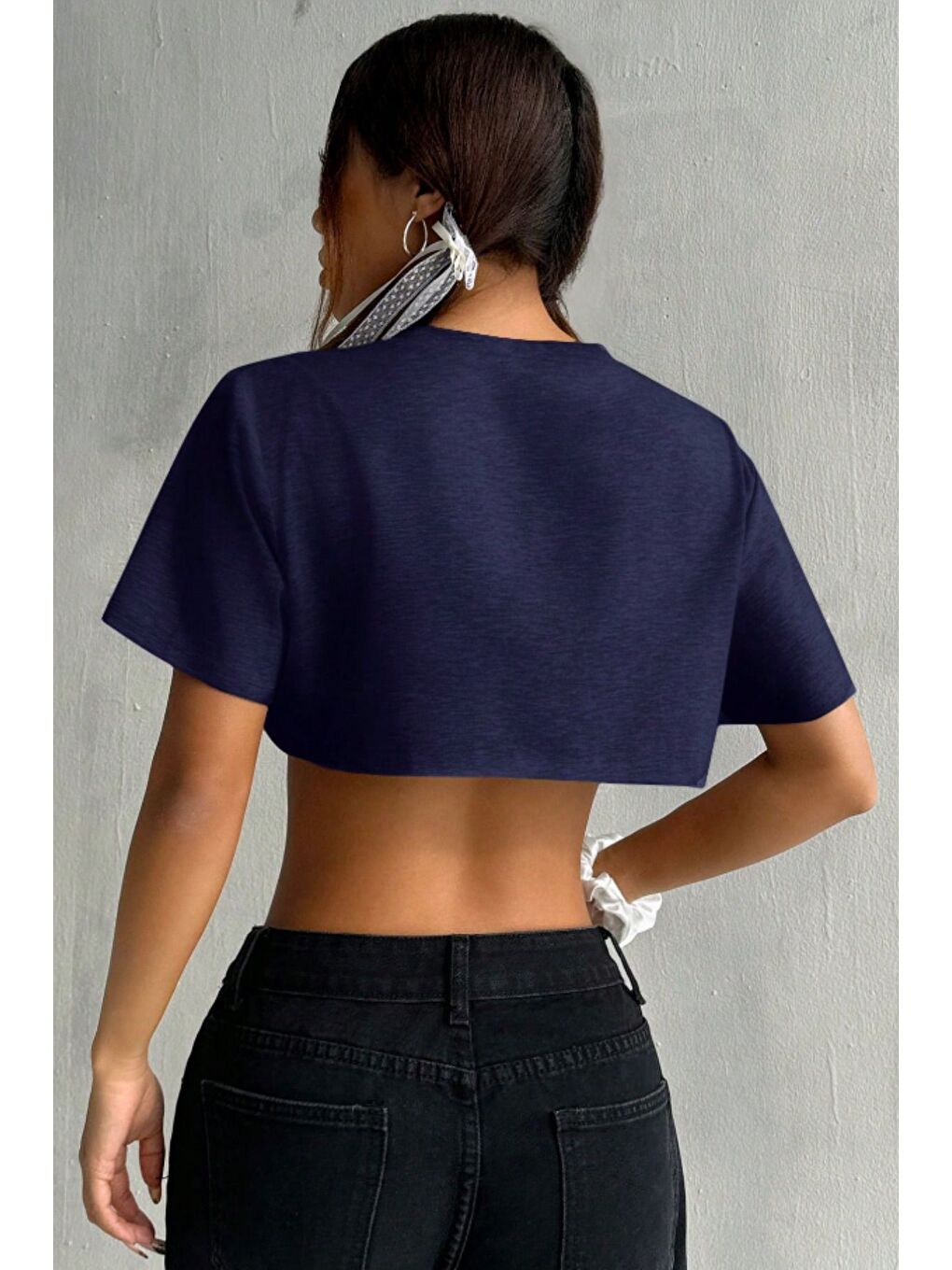 Kadın Lacivert Bisiklet Yaka Oversize Crop T-Shirt-5