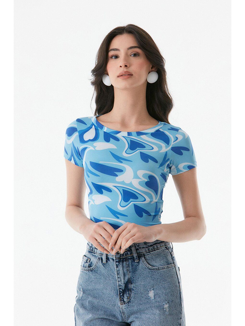 Mavi Kalp Desenli Bisiklet Yaka Bluz-2