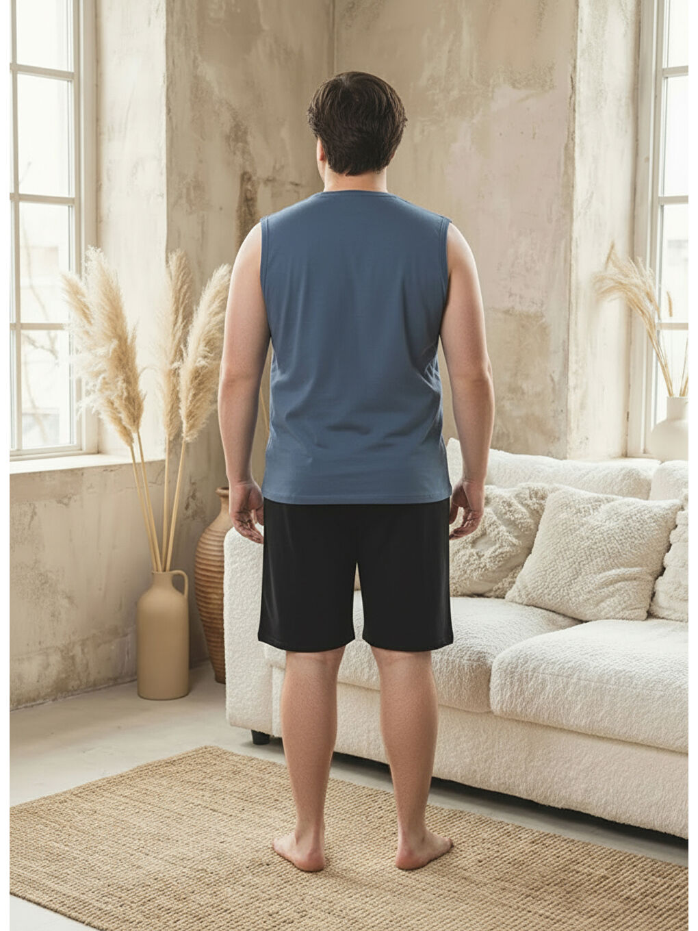 Gri %100 Pamuklu Kolsuz Cepli Büyük Beden Erkek Şortlu Pijama Takımı 2012-4