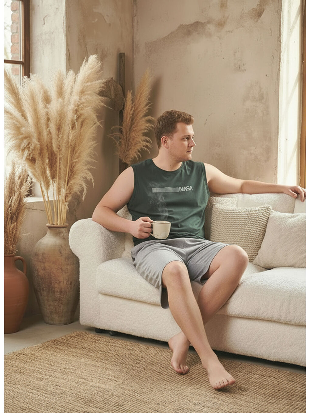 Haki %100 Pamuklu Kolsuz Cepli Büyük Beden Erkek Şortlu Pijama Takımı 2012-3