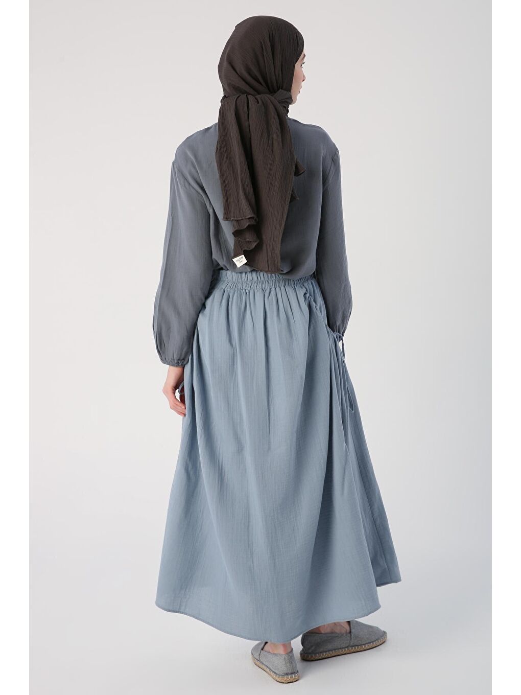 Mavi %100 Pamuk Yanları Büzgü Detaylı Kloş Etek-3