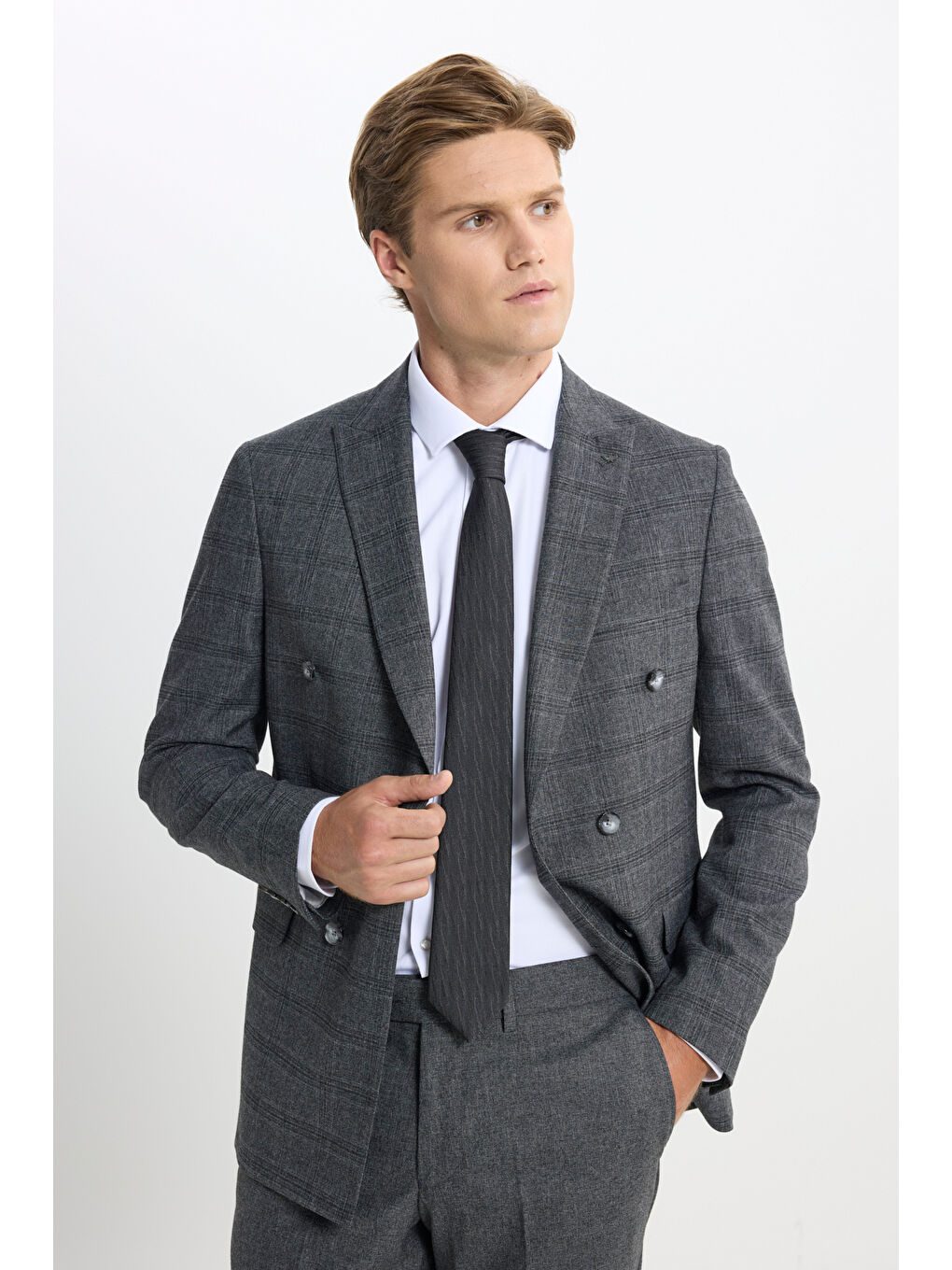 Erkek Antrasit Slim Fit Dar Kesim Kırlangıç Yaka Kareli Kapak Cepli Esnek Takım Elbise-10