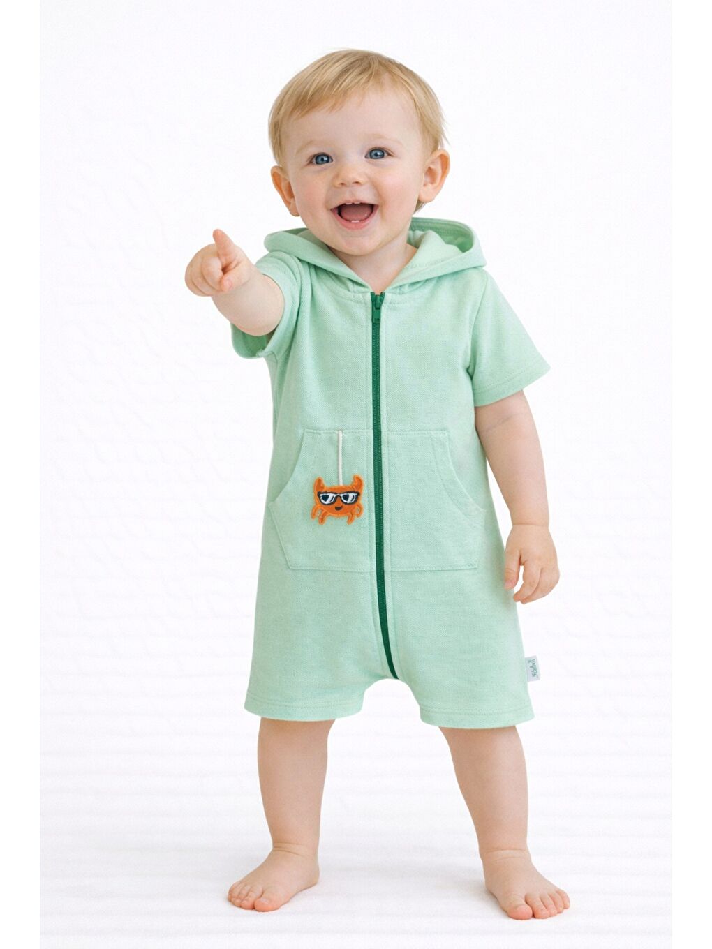 Turkuaz Unisex Bebek Yazlık Kapüşonlu Tulum Pamuklu Fermuarlı Tulum-2