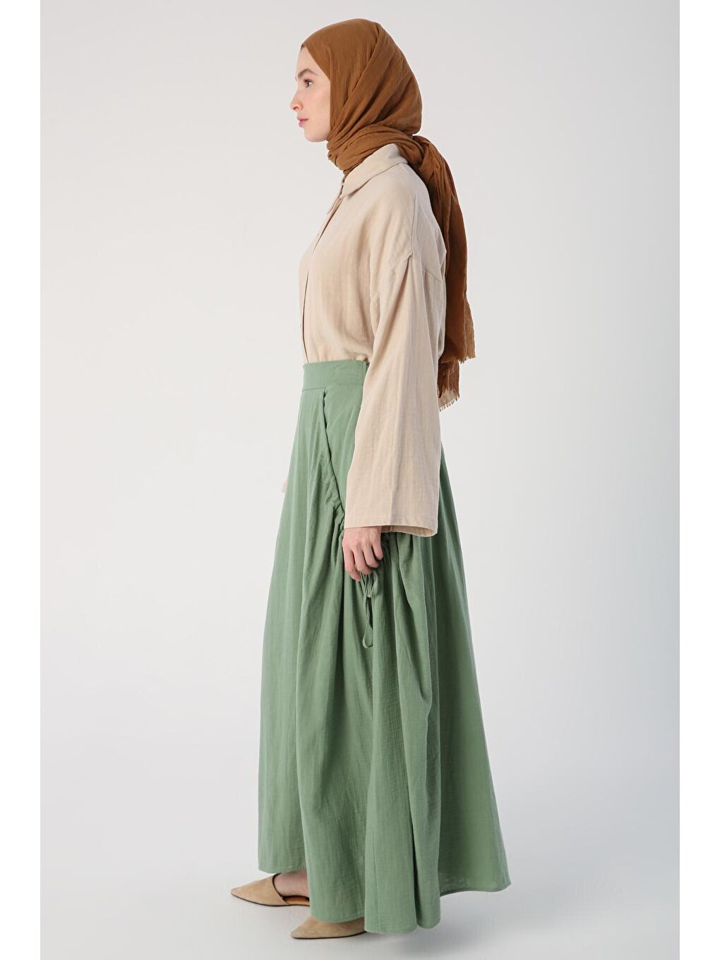 Yeşil %100 Pamuk Yanları Büzgü Detaylı Kloş Etek-2