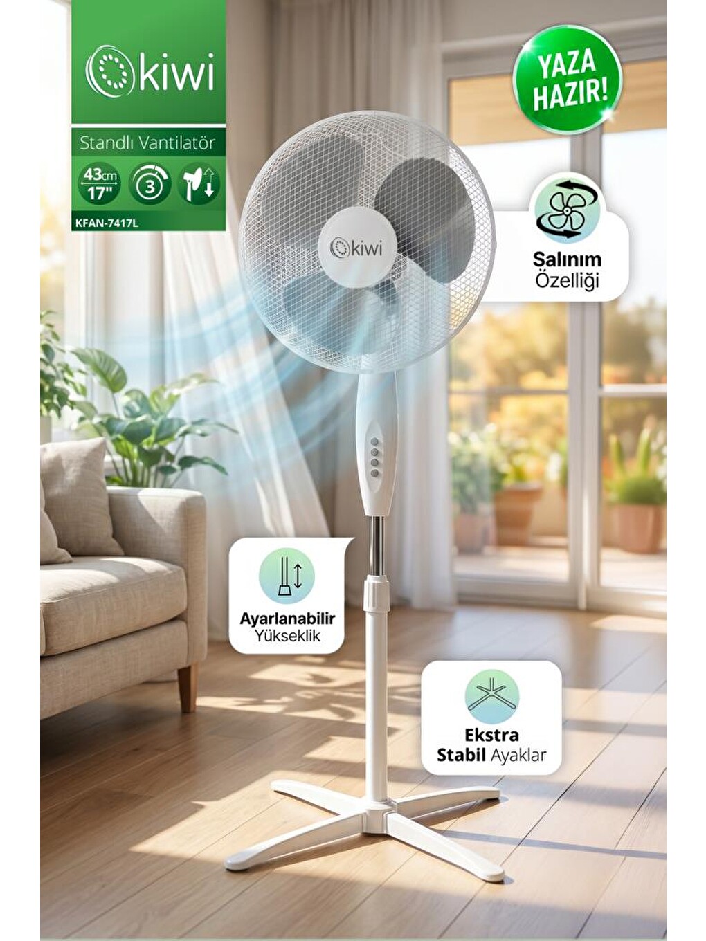 KFAN-7417L Standlı Vantilatör | 3 Kademe & Salınım & 70 cm Stabil Taban BEYAZ