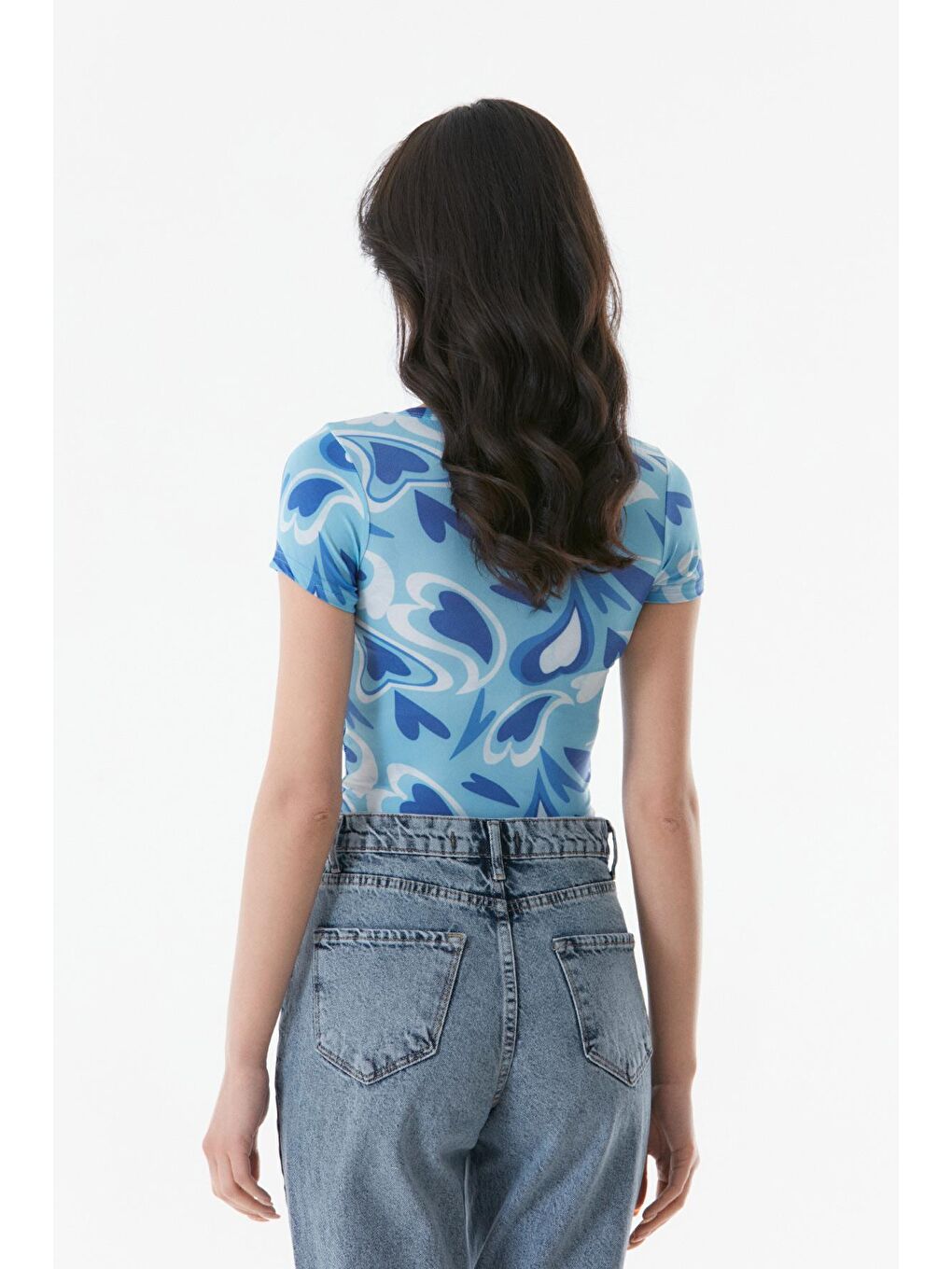 Mavi Kalp Desenli Bisiklet Yaka Bluz-4