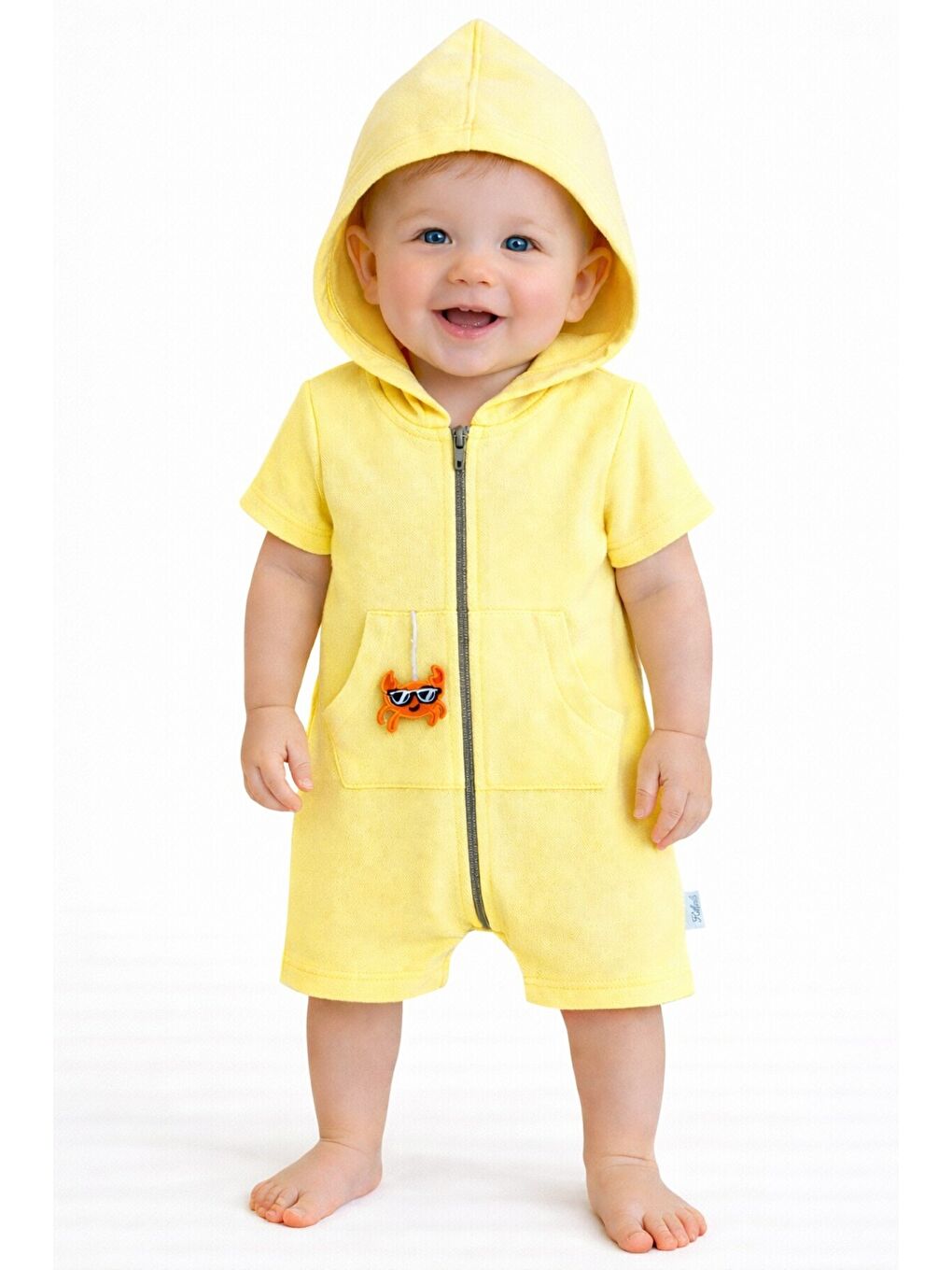 Sarı Unisex Bebek Yazlık Kapüşonlu Tulum Pamuklu Fermuarlı Tulum