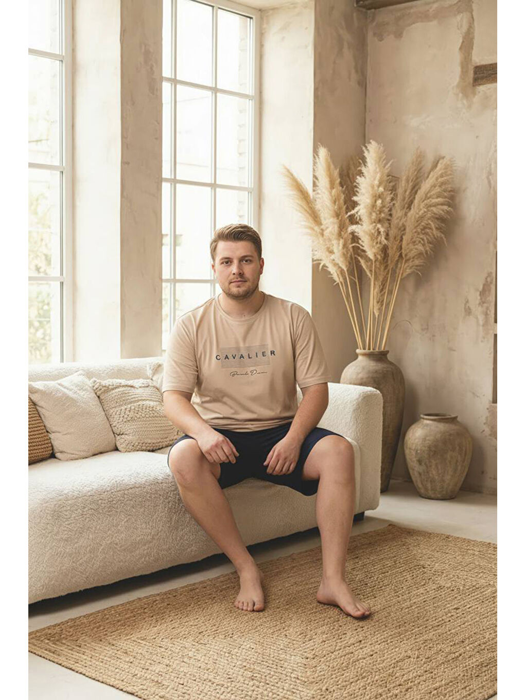 Bej %100 Pamuklu Kısa Kollu Cepli Büyük Beden Erkek Şortlu Pijama Takımı 2014-1