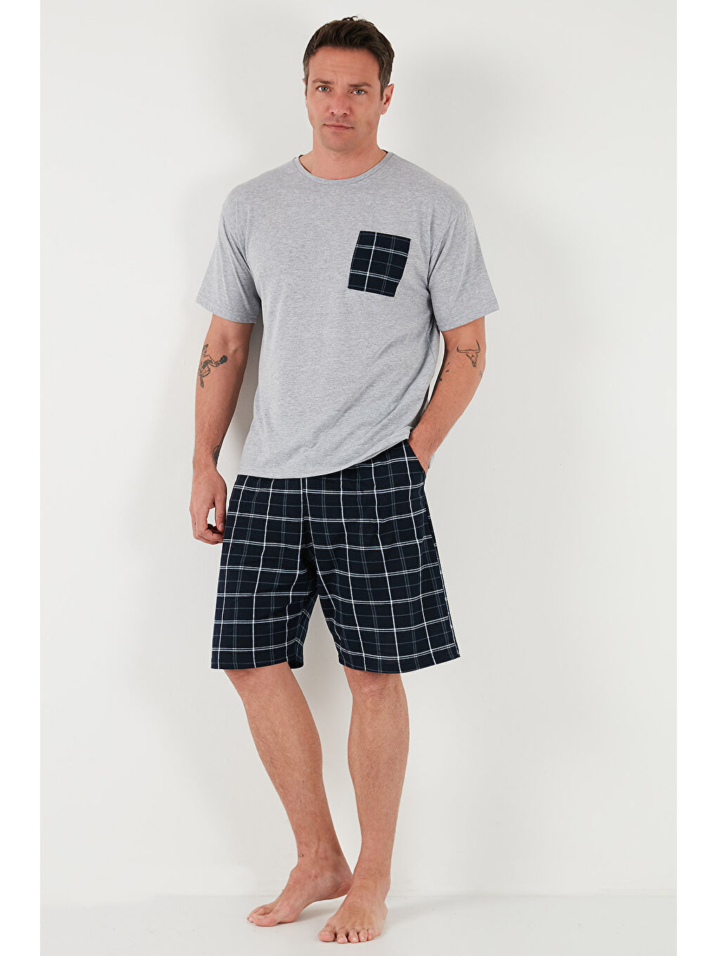 Gri Kareli Regular Fit Pamuklu Bisiklet Yaka Kısa Kollu %100 Pamuk Şortlu Pijama Takımıı 6572020-5