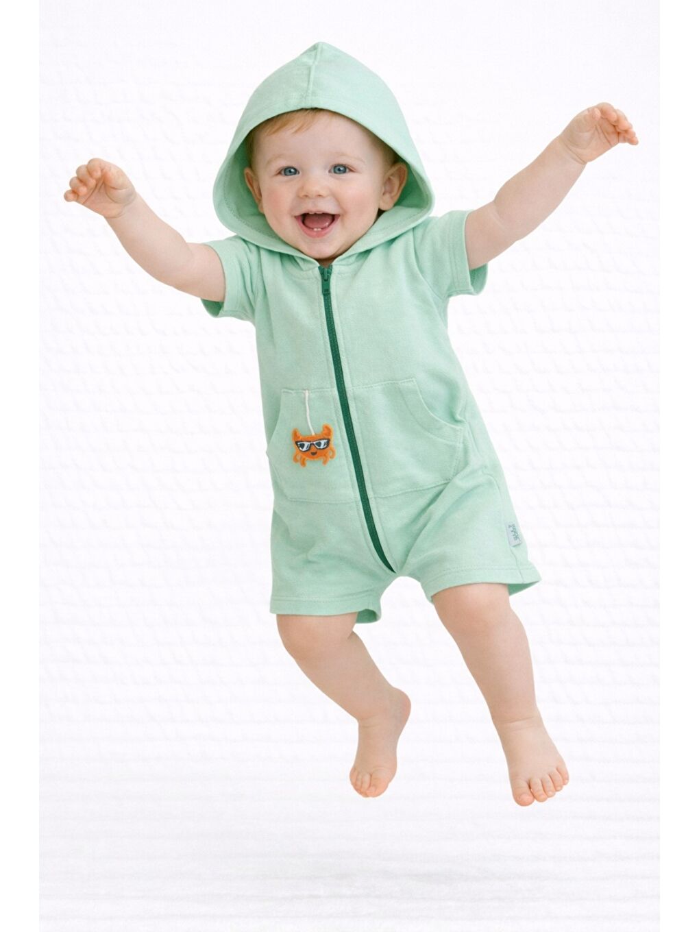 Turkuaz Unisex Bebek Yazlık Kapüşonlu Tulum Pamuklu Fermuarlı Tulum-3