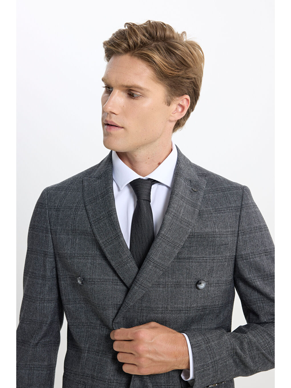 Erkek Antrasit Slim Fit Dar Kesim Kırlangıç Yaka Kareli Kapak Cepli Esnek Takım Elbise-11