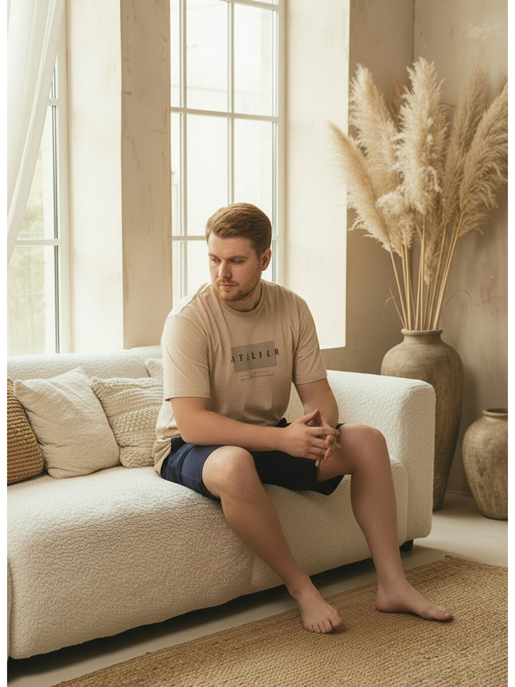 Bej %100 Pamuklu Kısa Kollu Cepli Büyük Beden Erkek Şortlu Pijama Takımı 2014-3