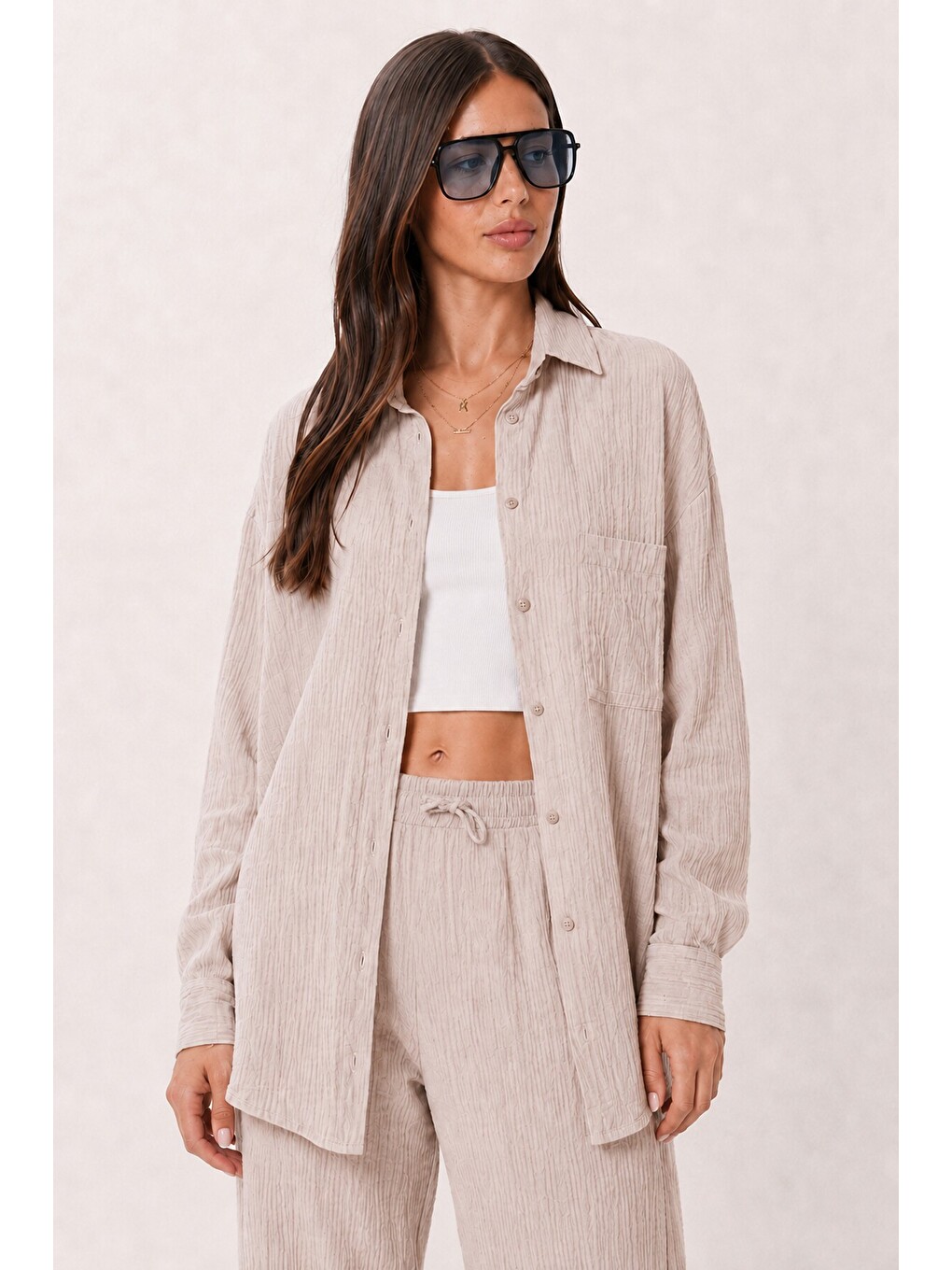 Bej Oversize Müslin Gömlek Pantolon Takım Taş Lsa0014-1