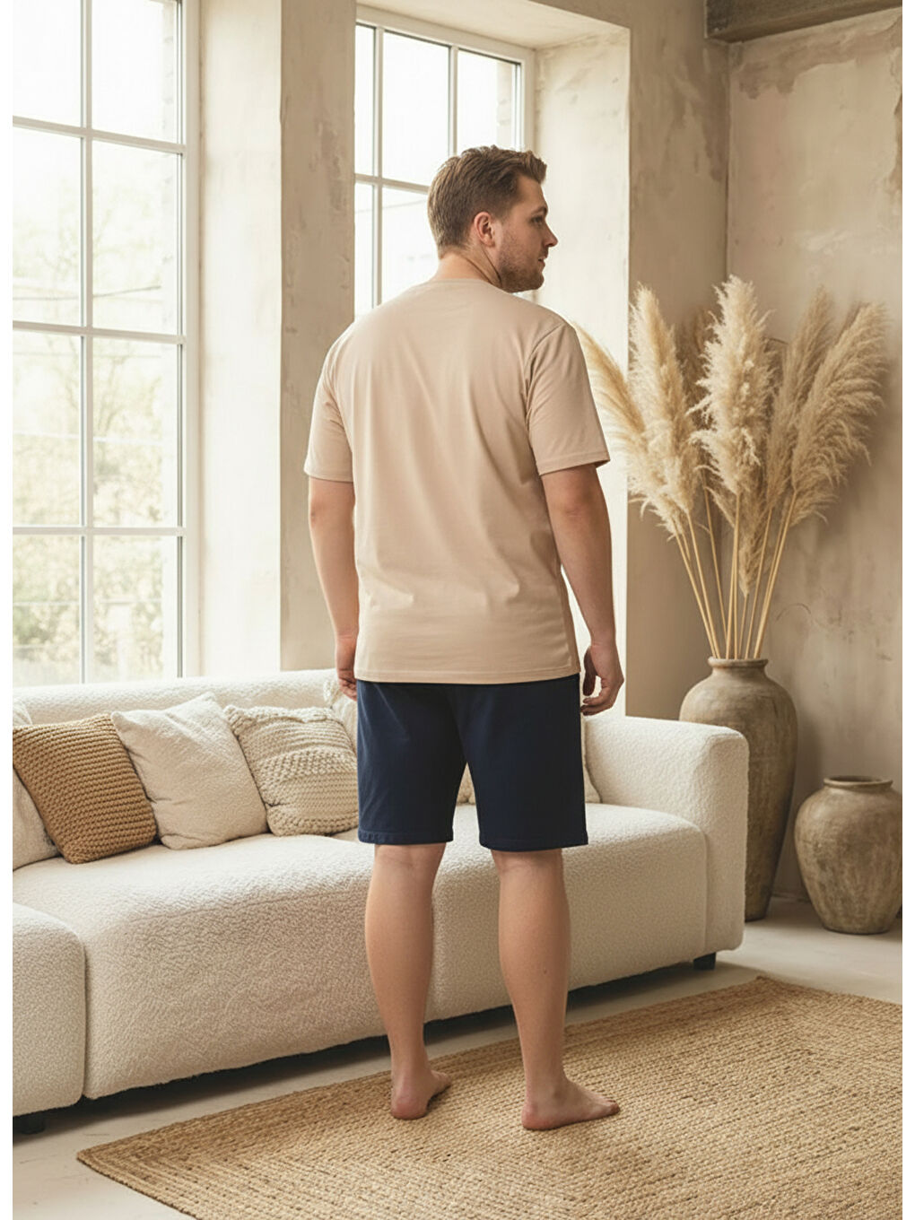 Bej %100 Pamuklu Kısa Kollu Cepli Büyük Beden Erkek Şortlu Pijama Takımı 2014-4